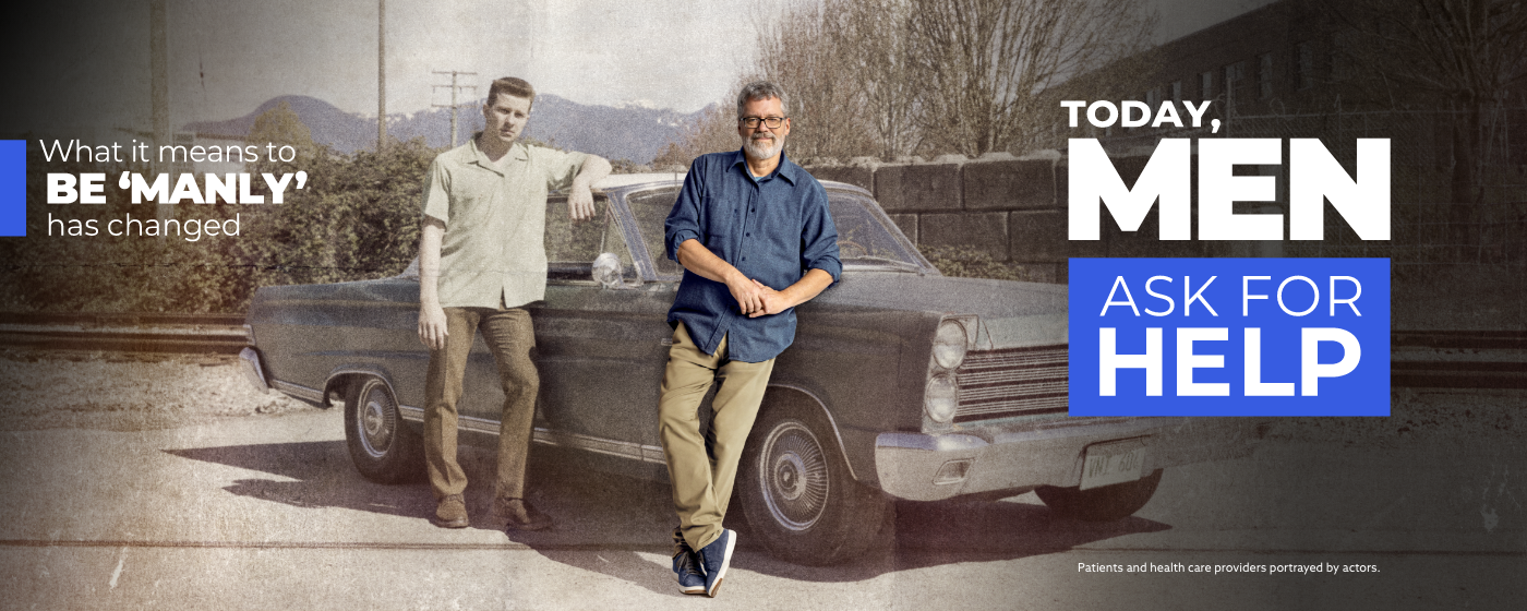Image of a man and his younger self leaning on a car with the headline "What it means to be 'manly' has changed Today, men ask for help"