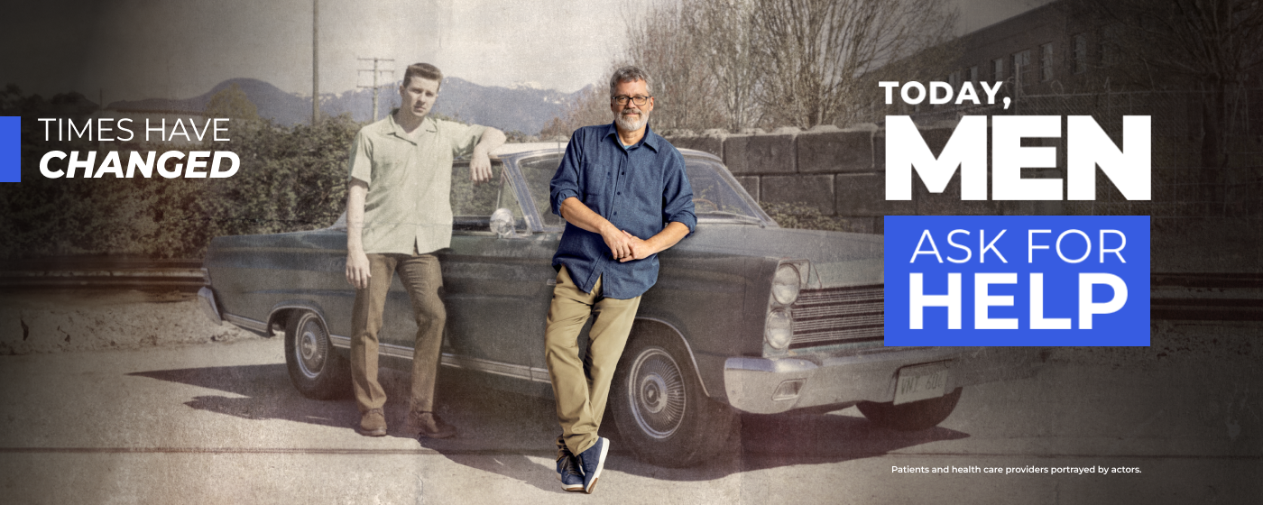 Man leaning against car with younger version of himself in background. Times have changed. Today, men ask for help.